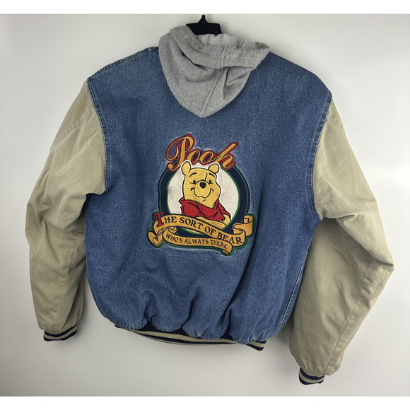 VTG Disney Store Winnie The Pooh Patch No Bother Bear Snap Denim Bomber Jacket S - Picture 2 of 16